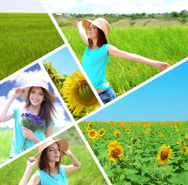 Collage di bella ragazza estiva e fiori — Foto Stock