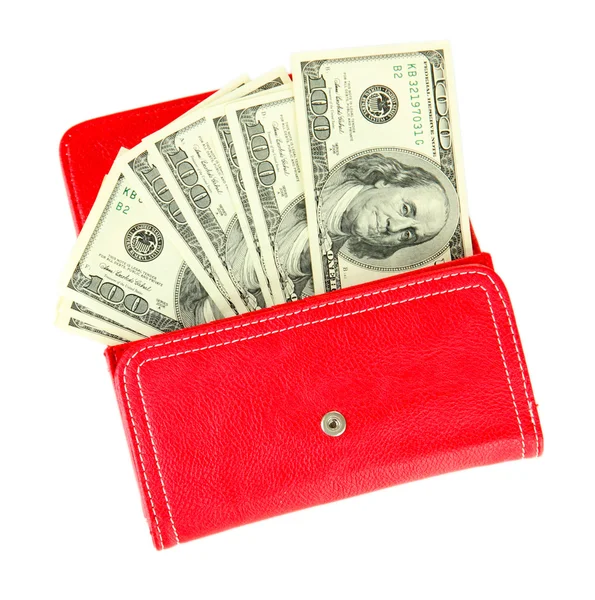 Purse with hundred dollar banknotes, isolated on white — Stock Photo, Image