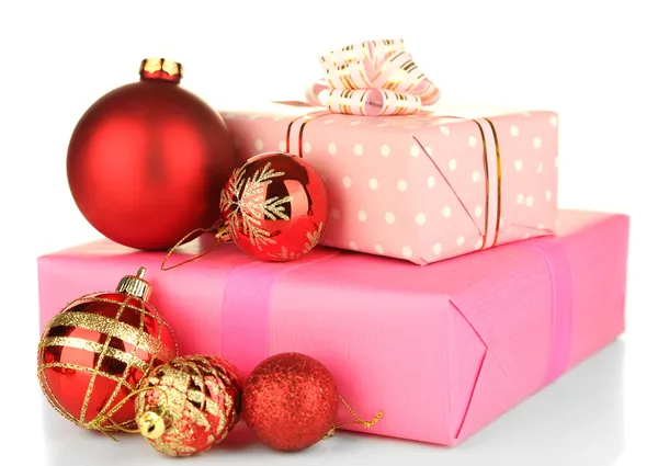 Gifts with christmas balls, isolated on white — Stock Photo, Image