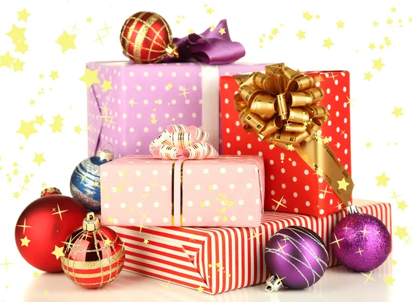 Gifts with Christmas decorations, isolated on white — Stock Photo, Image