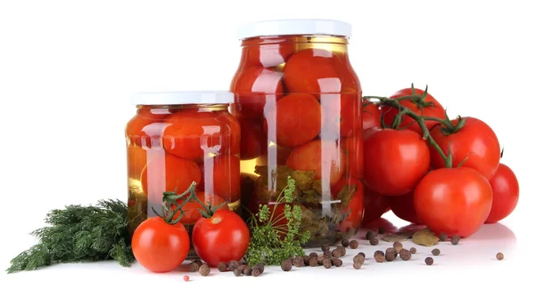 Tasty canned and fresh tomatoes, isolated on white — Stock Photo, Image