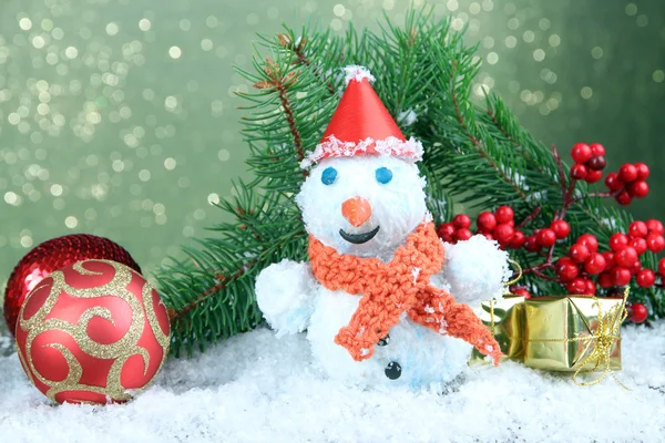 Beautiful snowman and Christmas decor, on bright background — Stock Photo, Image