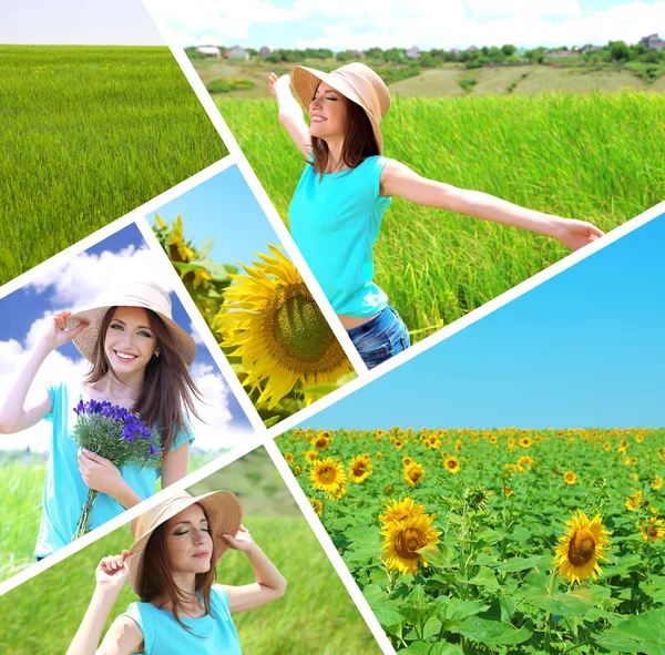 Collage of beautiful summer girl and flowers Royalty Free Stock Images