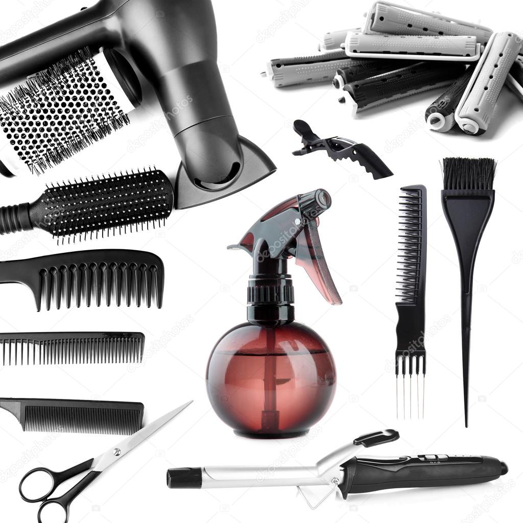 Collage of hairdressing tools isolated on white