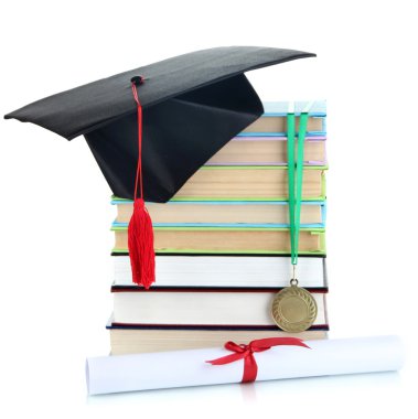 diploma, şapka ve beyaz izole kitap ile eğitimde başarı madalyası