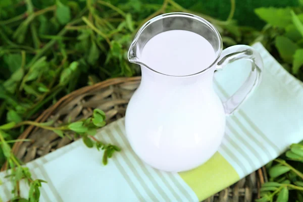 Пітчер молока на серветці на плетеному підносі на траві — стокове фото