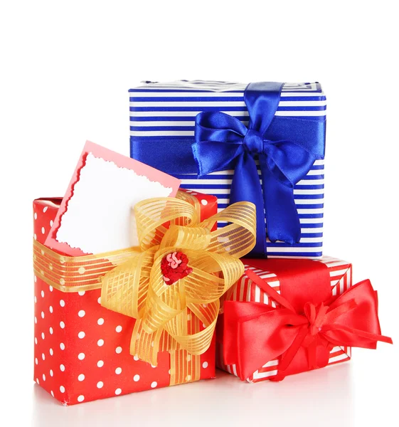 Gift boxes with blank label isolated on white — Stock Photo, Image