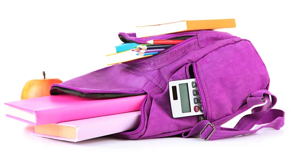 Sac à dos violet avec fournitures scolaires isolé sur blanc — Photo