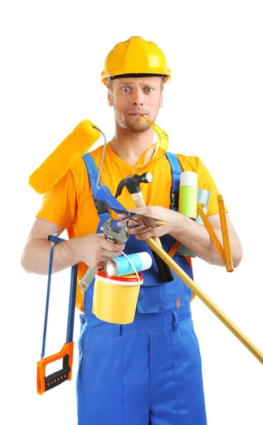 Retrato de jovem construtor isolado em branco — Fotografia de Stock