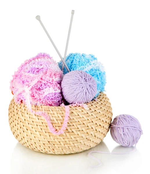 Colorful yarn for knitting in basket isolated on white — Stock Photo, Image