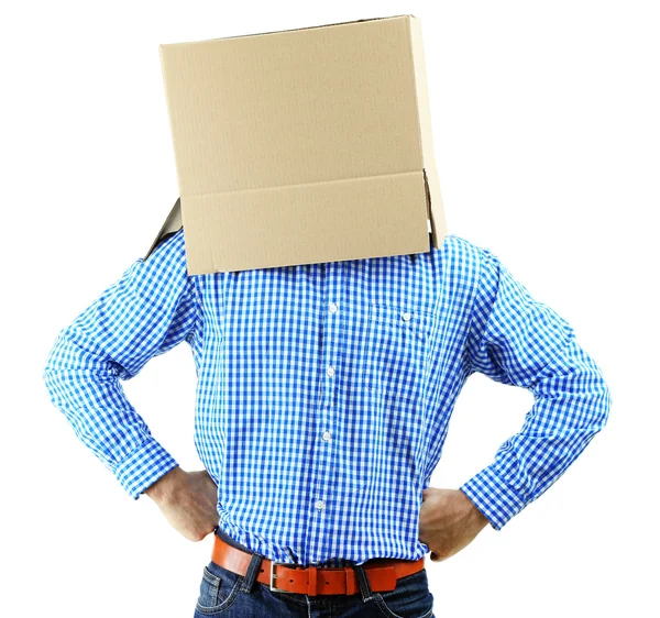 Man with cardboard box on his head isolated on white — Stock Photo, Image