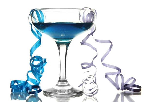 Glass of cocktail and streamer after party isolated on white — Stock Photo, Image