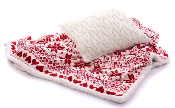 Cuscino bianco e plaid colorato isolato su bianco — Foto Stock