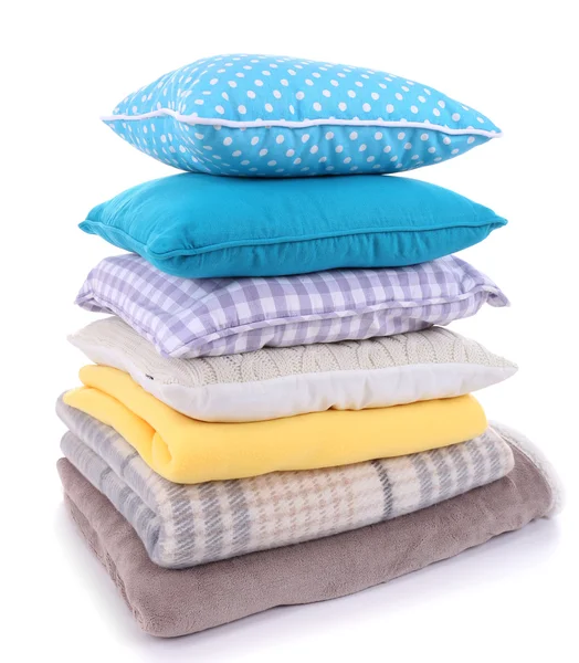 Colorful pillows and plaids isolated on white — Stock Photo, Image