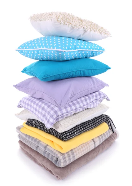 Colorful pillows and plaids isolated on white — Stock Photo, Image