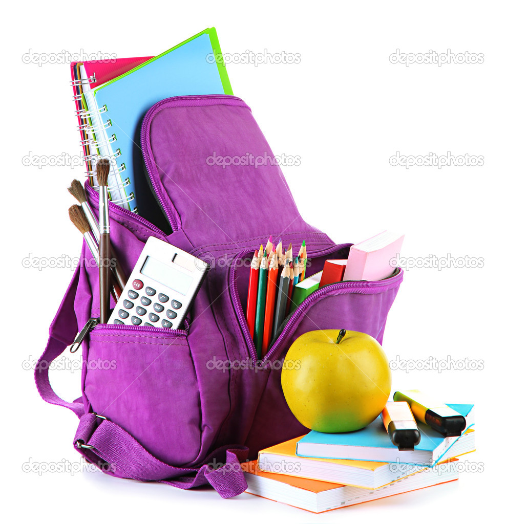 Purple backpack with school supplies isolated on white