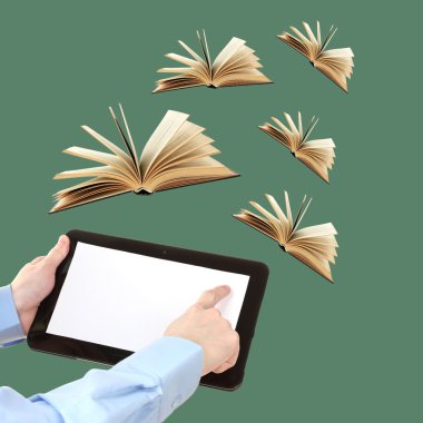 Tablet ve yeşil zemin üzerine açılan kitap