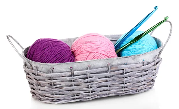 Bright threads for knitting in basket isolated on white — Stock Photo, Image