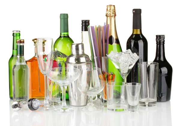 Collection of various glasses and drinks isolated on white — Stock Photo, Image