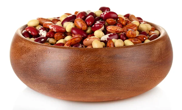 Wooden bowl with beans isolated on white — Stock Photo, Image