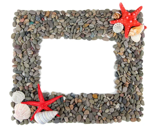 小さな海の石や貝、白で隔離されるフレーム — ストック写真