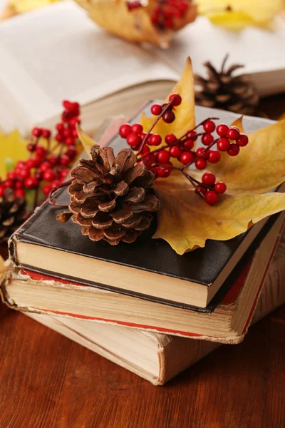Livros e folhas de outono em mesa de madeira close-up — Fotografia de Stock