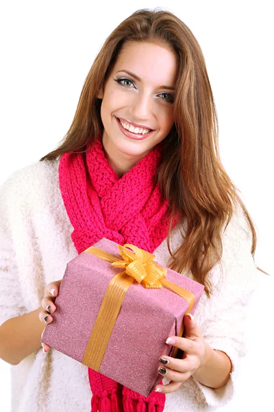 Beautiful smiling girl with gift isolated on white — Stock Photo, Image