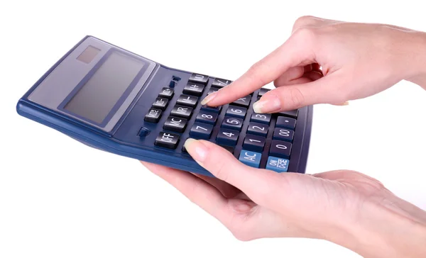Руки женщины держат цифровой калькулятор изолированный на белом — стоковое фото