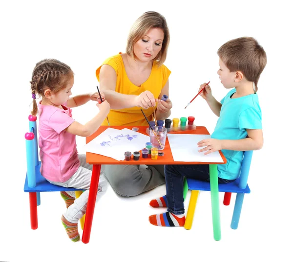 Little children drawing with mom isolated on white — Stock Photo, Image