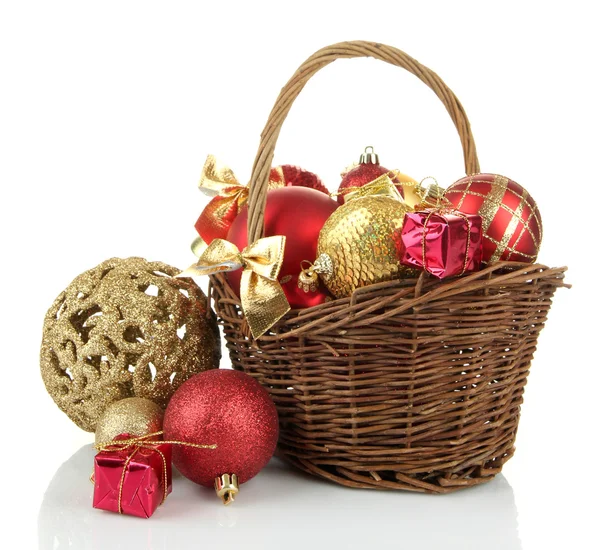 Christmas decorations in basket isolated on white — Stock Photo, Image