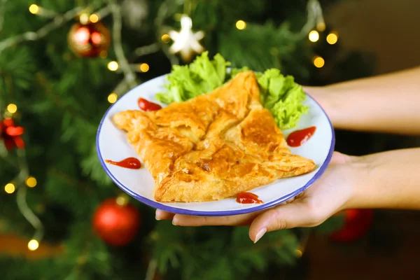 Hands holding plate with homemade hachapuri, on bright background Stock Picture