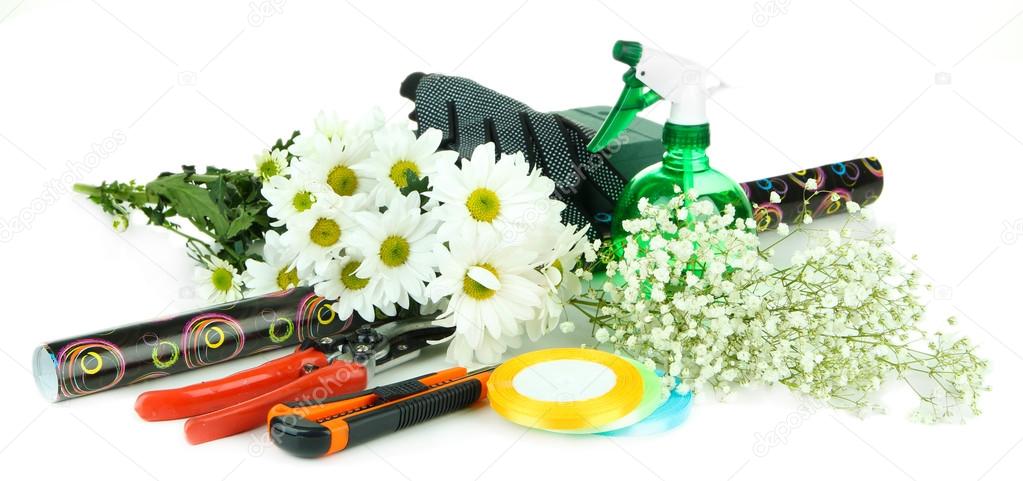 Composition with florist tools isolated on white