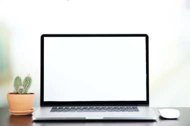 laptop ve ahşap masa üzerinde saksı kaktüs