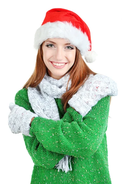 Hermosa chica sonriente en sombrero de Año Nuevo aislado en blanco —  Fotos de Stock