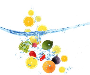 Fresh fruits dropped into water clipart