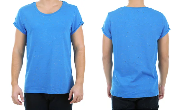 Camiseta en hombre joven delante y detrás aislado en blanco —  Fotos de Stock