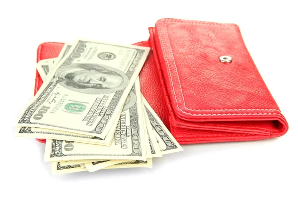 Purse with hundred dollar banknotes, isolated on white — Stock Photo, Image