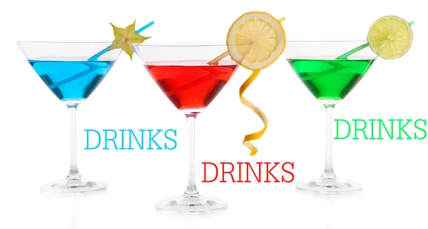 Alcoholic cocktails in martini glasses isolated on white — Stock Photo, Image