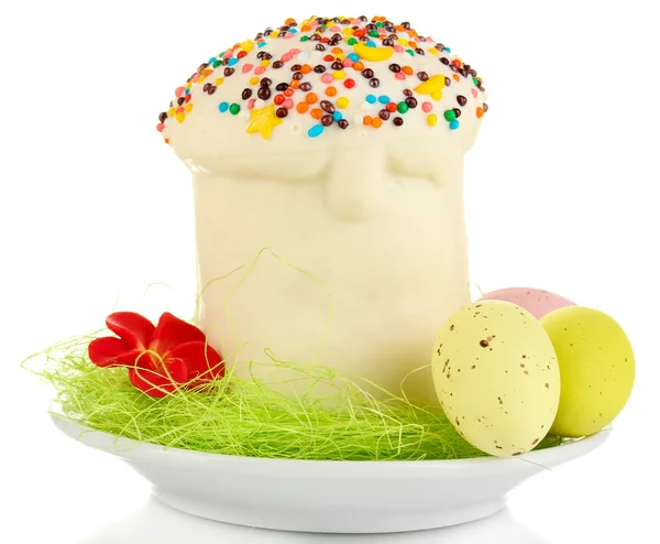 Easter cake with sugar glaze and eggs isolated on white — Stock Photo, Image