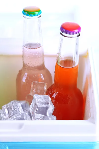 Drankjes in glazen flessen in mini koelkast close-up — Stockfoto