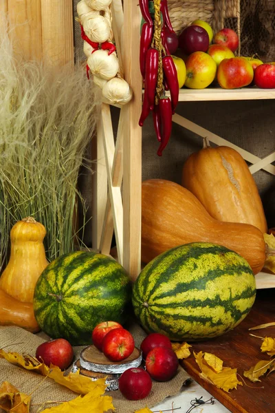 Фрукты и овощи на полках — стоковое фото