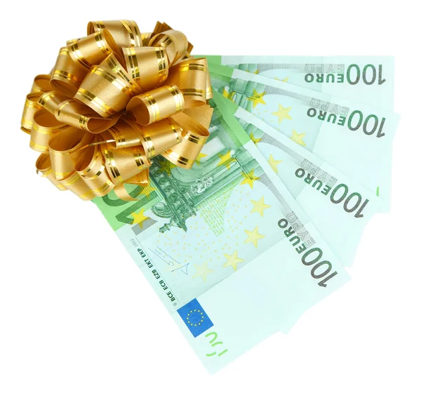 सफेद पर अलग धनुष के साथ यूरो बैंकनोट — स्टॉक फ़ोटो, इमेज