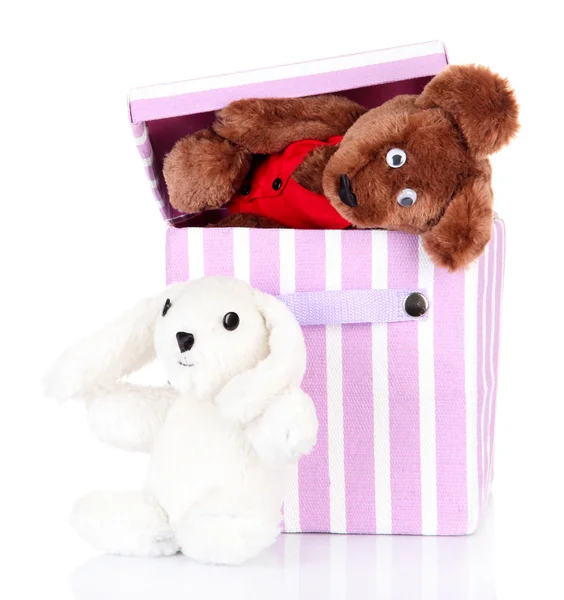 Włókienniczych pudełko z zabawkami, na białym tle — Zdjęcie stockowe