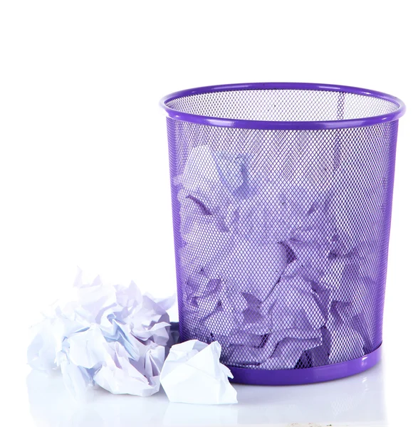 Recycle bin filled with crumpled papers, isolated on white Stock Image