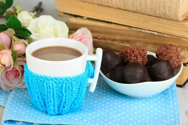 Cup with knitted thing on it close up — Stock Photo, Image