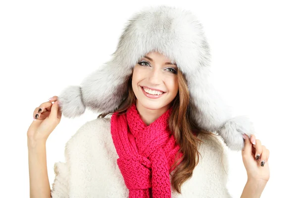 Beautiful smiling girl in hat isolated on white — Stock Photo, Image