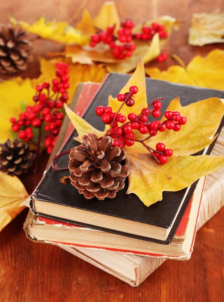 Knihy a na podzim listí na dřevěný stůl detail — Stock fotografie