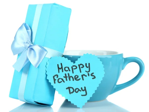 Happy Fathers Day tag with gift box and cup, isolated on white — Stock Photo, Image