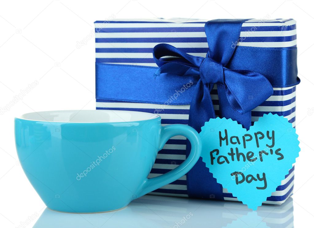 Happy Fathers Day tag with gift box and cup, isolated on white