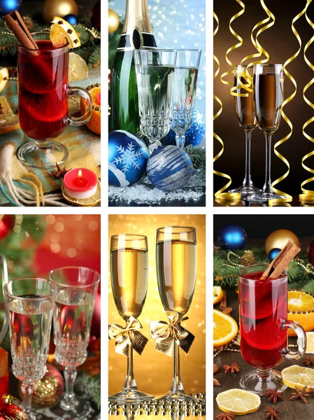Weihnachtscollage mit Getränken und Dekorationen — Stockfoto